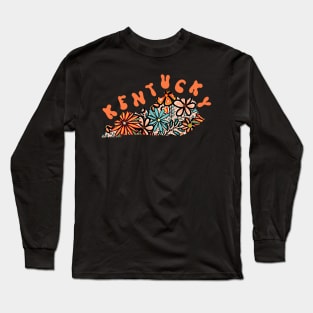 Kentucky State Design | Artist Designed Illustration Featuring Kentucky State Outline Filled With Retro Flowers with Retro Hand-Lettering Long Sleeve T-Shirt